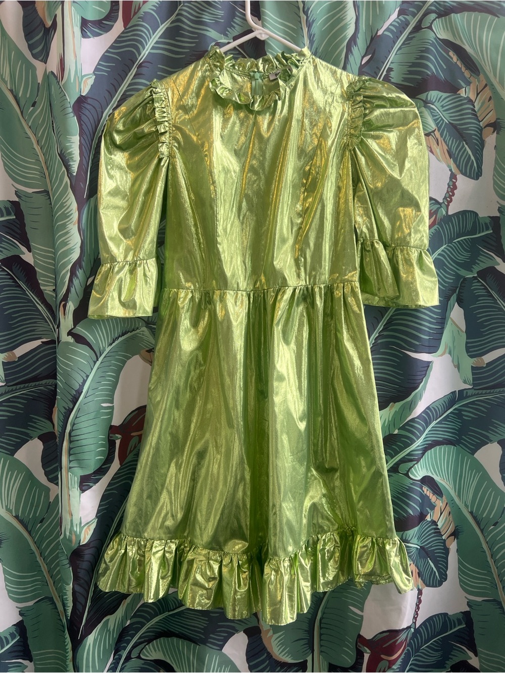 Batsheva Shimmery iridescent Lime Green Ruffle-Trim Puff Sleeve Dress sz 8